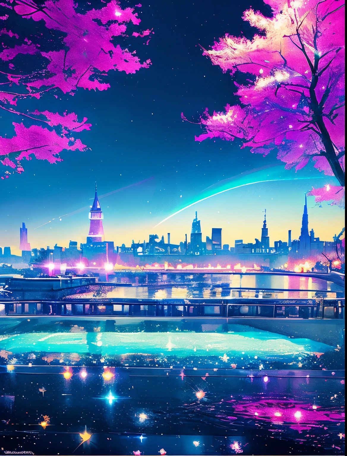 Colorful Metropolitan Museum of Art、River painting with stars and moon in rainbow sky、the met、Shining skyscrapers、Shine across the board、Skyscrapers、Concept art inspired by Mitsuoki Tosa、pixiv contest winners、top-quality、Fantasyart、beautiful anime scene、Bright moon、Moonlit star environment、Dream painting、Anime Background Art、Fantasy landscape art、fantasy knight、anime backgrounds、background artwork、Fantastic art、atmospheric anime、starrysky、Detail has been enhanced。