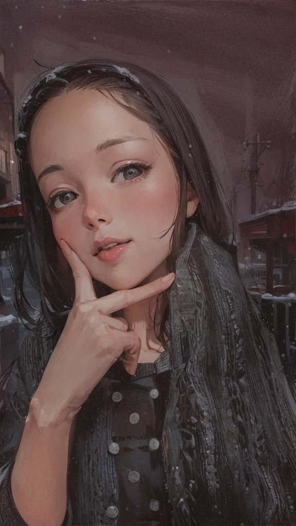 best quality, detailed background, girl,sea, cafeteria, bird, snow, winter,