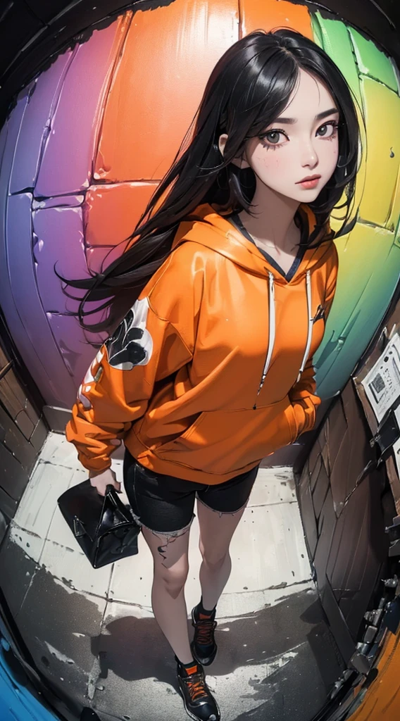 ((8k wallpaper of extremely detailed CG unit:1.2, masterpiece, hight resolution:1.2, top-quality:1.2, masutepiece)), ((a very beautiful woman, Hands in pockets:1.8, Street fashion, Wearing an orange hoodie, Wear black hot pants, Wearing shoes)), ((extra detailed face, Highly detailed black eyes, Contrasting eyes, extra detailed body, Top quality real texture skins:1.2)), (A dark-haired, length hair, de pele branca), ((rainbow paint wall)), (high-angle:1.1, Fisheye:1.3), hyper realisitic, digitial painting,