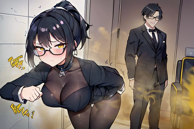 ((Blackhair ponytail))),wearing glasses,Yellow smoke,Attacked by farts, Attack with farts,)),(attacks prisoners with farts)),((make people arround her cough)),((Sticking out the butt)),((wearing a police outfit)),velocity,, (((Yellow smoke is rising ))),((Hip Attack)),((),((Facing this way))),masterpiece:1.2、top-quality)、(the Extremely Detailed CG Unity 8K Wallpapers、ultra-detailliert、Best Shadows)、(细致背景)、(The best lighting、extremely delicate and beautiful)、depth of fields,((Girl fart)),(),(((((There is a male butler and a female police.......))))),(((Female police attacks male butler in the face with a hip attack..))),(((high-handed female police)),(((A male butler who endures pain))),((big boob)),((bug butt)),((interrogation room)),((interrogration prisioner with attack them with farts)),((fart text))