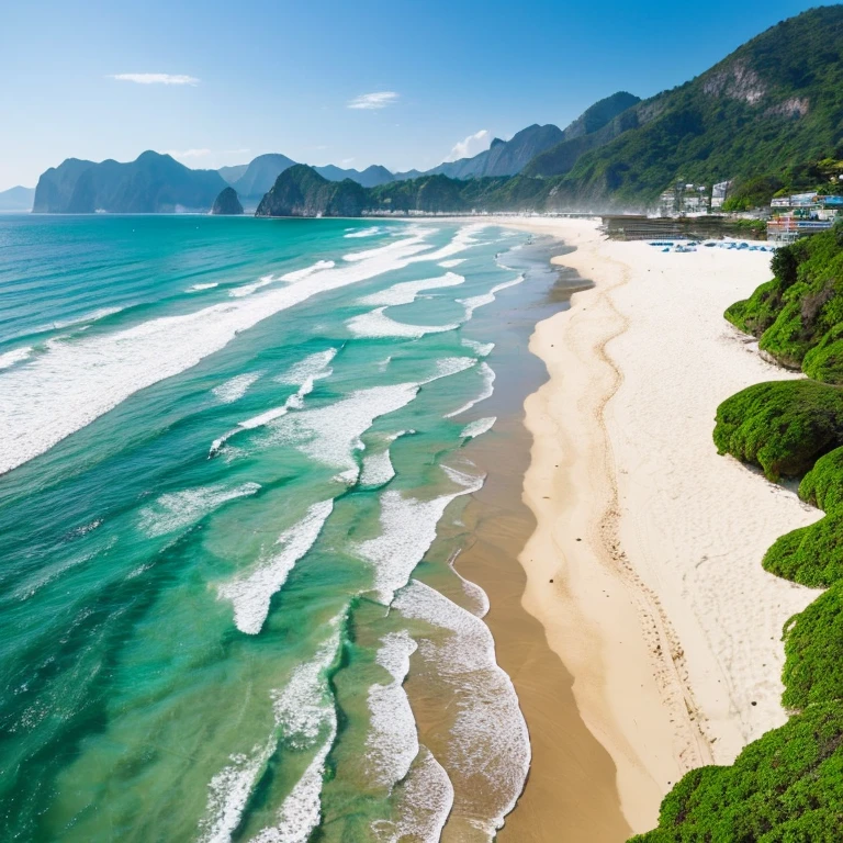 landscape shot　the beach　Snow-white sandy beach　Superb view　waterface　day scene　Emerald Green Sea