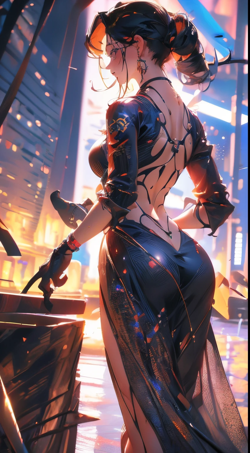(best quality,4k,8k,highres,masterpiece:1.2),ultra-detailed,(realistic,photorealistic,photo-realistic:1.37),Anime style,20-year-old blonde woman,her back,colonial castle,sculptural body,red transparent dress,earrings
