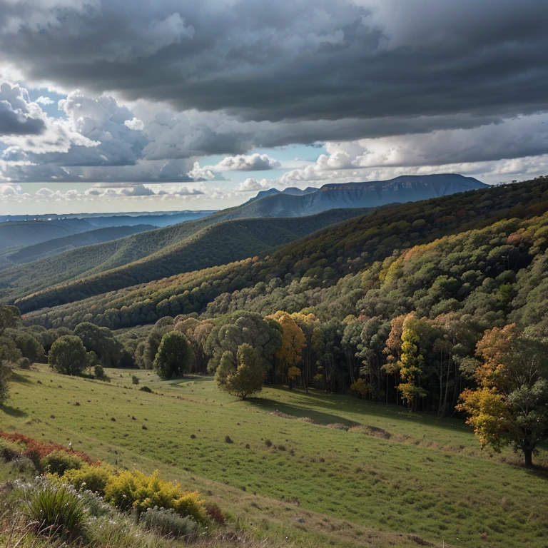 Autumn season, weather cloudy and sunny, long wide blue mountains, forest on one side and grassland on the other