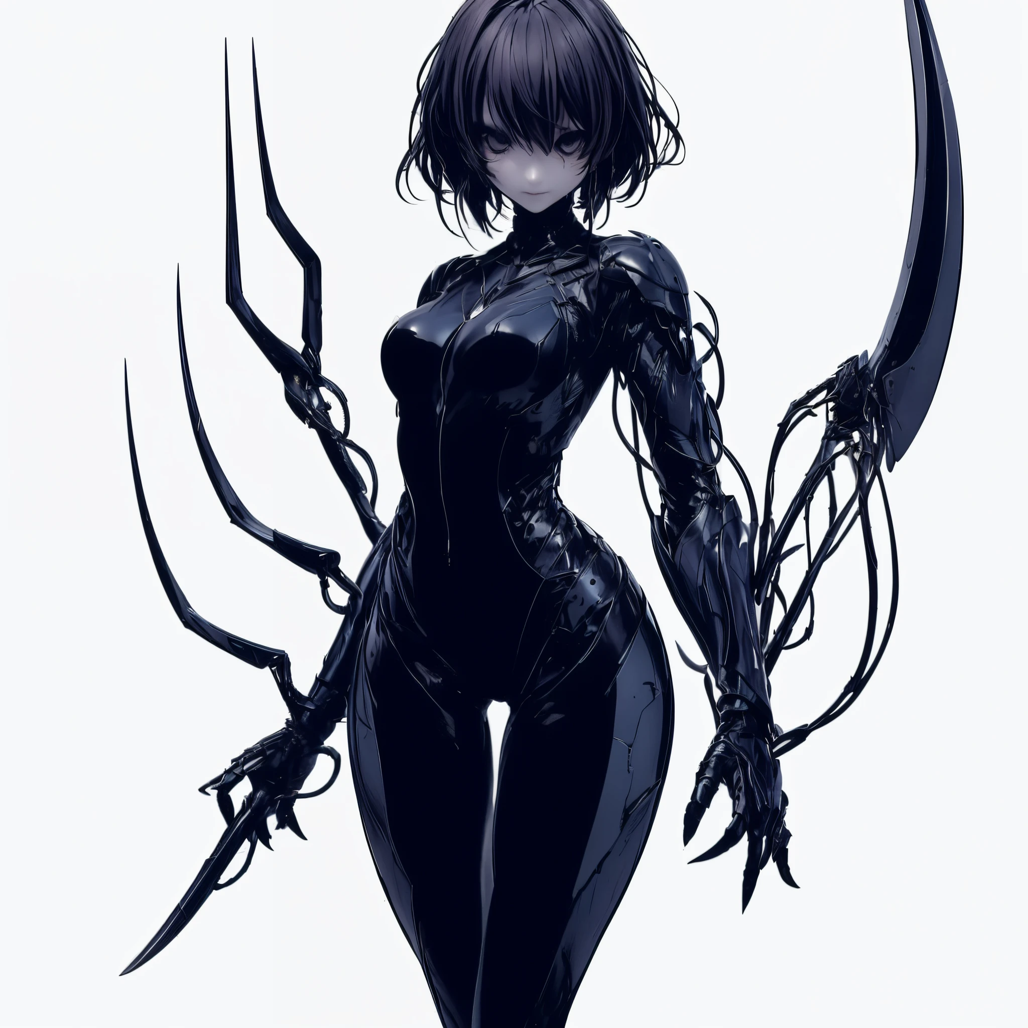 Girl in a bodysuit. she is the only woman. She is biological armor. Crystals shining in costume. He has a sickle-shaped weapon in both hands.. Full body image.