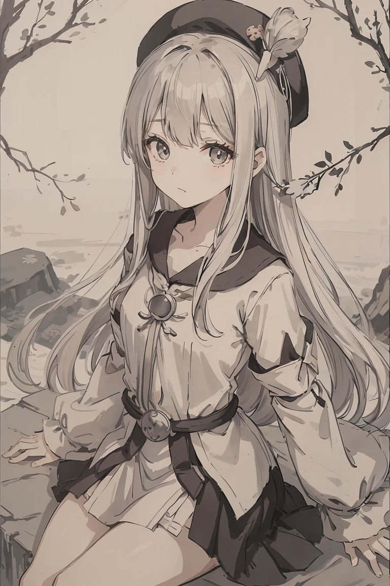 sparrow, a silver haired girl, wearing a priestess clothes, long hair, priest beret, short sleeves, black skirt, priestess uniform, slim body, teen, curious face, praying pose