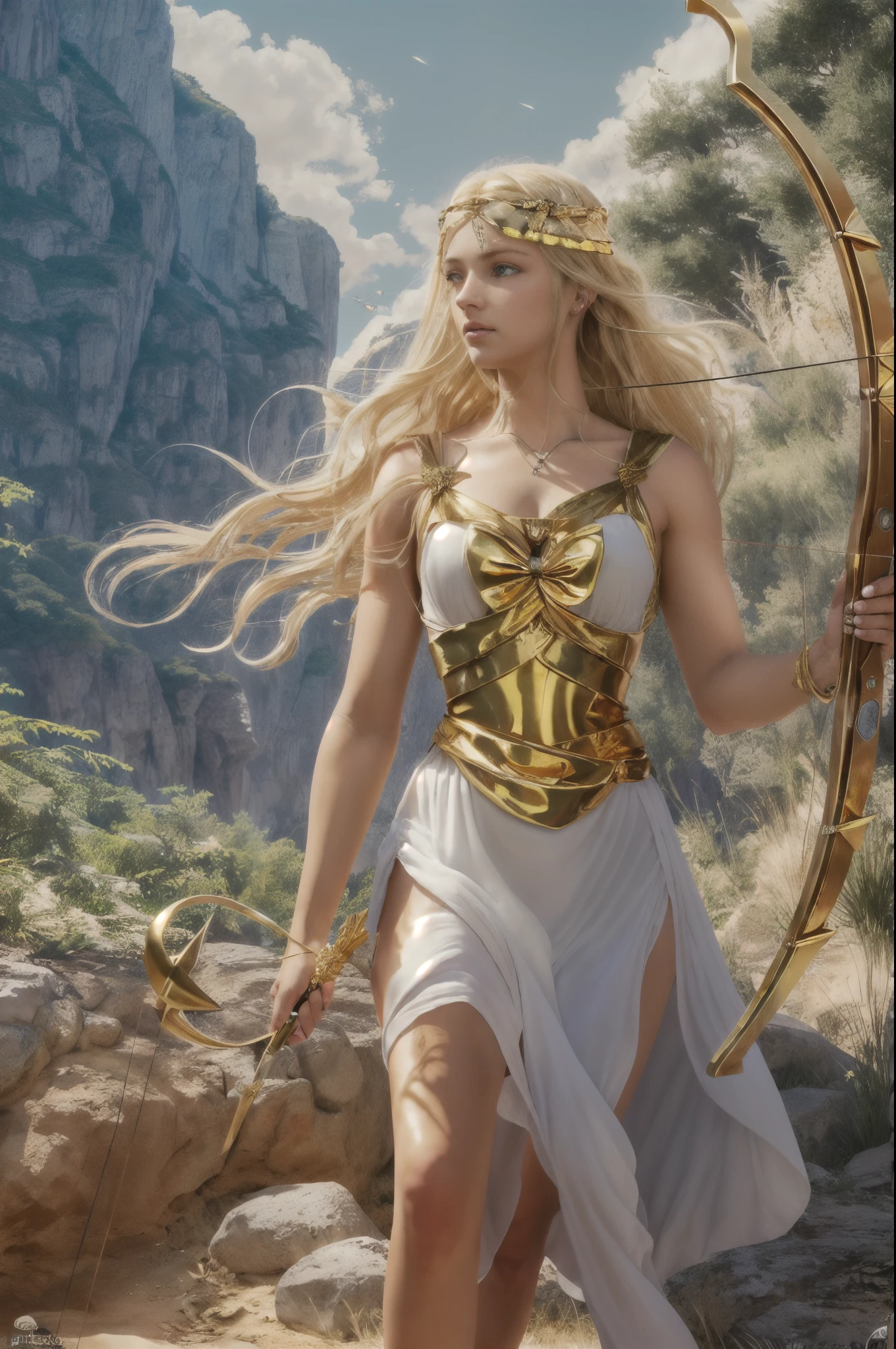 Young virgin greek goddess of wild nature and hunting, with (((Blonde hair))) and (((Blue eyes))), has amazingly and stunningly beautiful appearance, is fair-skinned, slender and tall, Shows off her perfect pair of long legs, wears {sleeveless, (Very short: 1.7), (white:1.5), Greek chitons, With golden border}, Abs, "Looks strict and determined", Holding a ((Golden bow)), archery, Patroling to protect her sanctuary from evil, Mythical Arcadian mountains and forests, Greek mythology, vibrant and lively atmosphere, Photorealistic, Mythic fantasy, Hyper-Realism, ultra-quality, Super Detail, ultra accurate description of hands, masterpiece, 8K, HDR