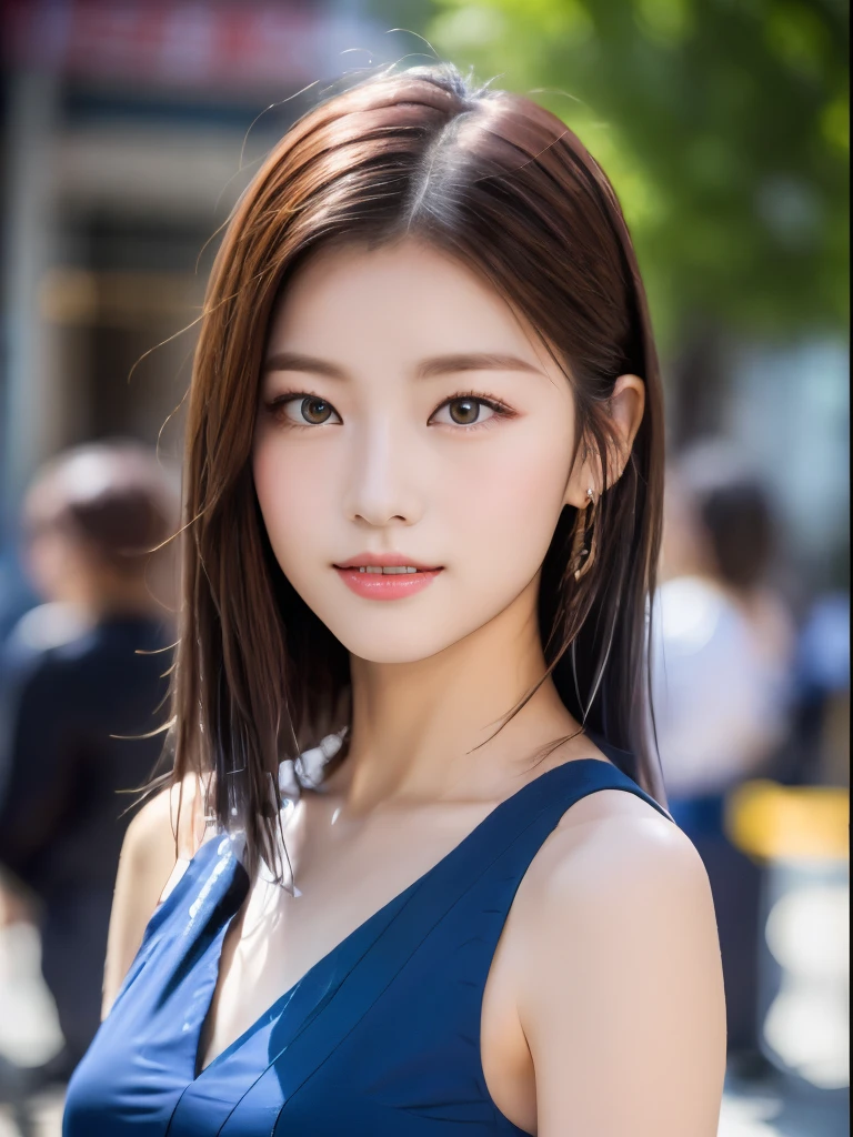 (8K, Raw photo, Photorealistic:1.25) ,( Gloss on lips,Glossy finish, Glossy glossy skin, Best Quality, 超A high resolution, color difference, Caustics, Wide light, Natural Shadow) look with serenity and goddess-like bliss to the spectators,(depth of fields:1.6), (colorful unfocused lights on background:1.2) ,very natural make-up,Photographed on a cloudy day ,Large breasts,Slender eyes.Downcast eyes. The distant look in her eyes、(Smile:2)Smile,(Gorgeous Summer Dresses)(Fashion Pro Model)、Radio City、Medium Hair