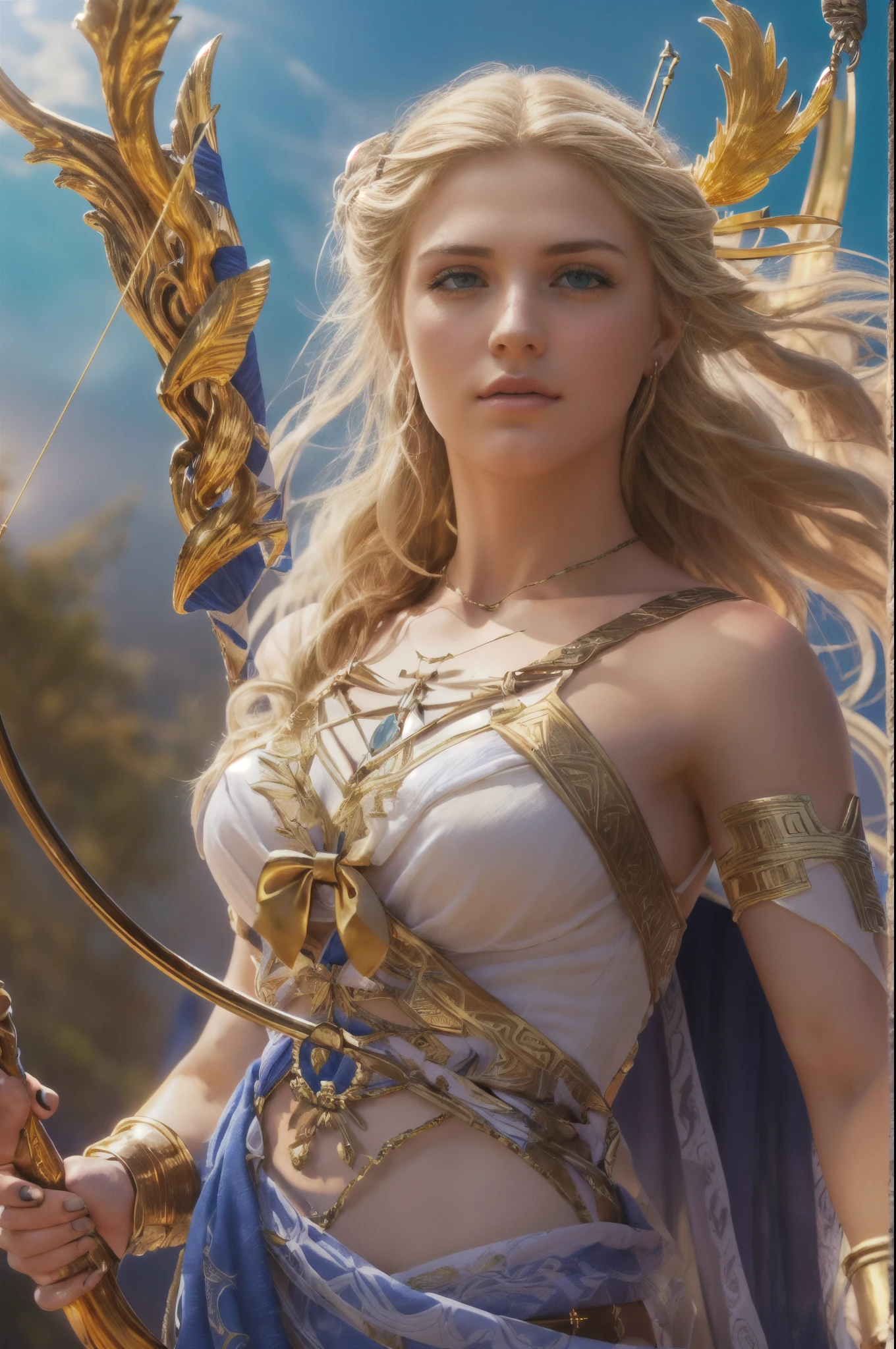 Young virgin greek goddess of wild nature and hunting, with (((Blonde hair))) and (((Blue eyes))), has amazingly and stunningly beautiful appearance, is fair-skinned, slender and tall, Shows off her perfect pair of long legs, wears {sleeveless, (Very short: 1.7), (white:1.5), Greek chitons, With golden border}, Abs, "Looks strict and determined", Holding a ((Golden bow)), archery, Patroling to protect her sanctuary from evil, Mythical Arcadian mountains and forests, Greek mythology, vibrant and lively atmosphere, Photorealistic, Mythic fantasy, Hyper-Realism, ultra-quality, Super Detail, ultra accurate description of hands, masterpiece, 8K, HDR