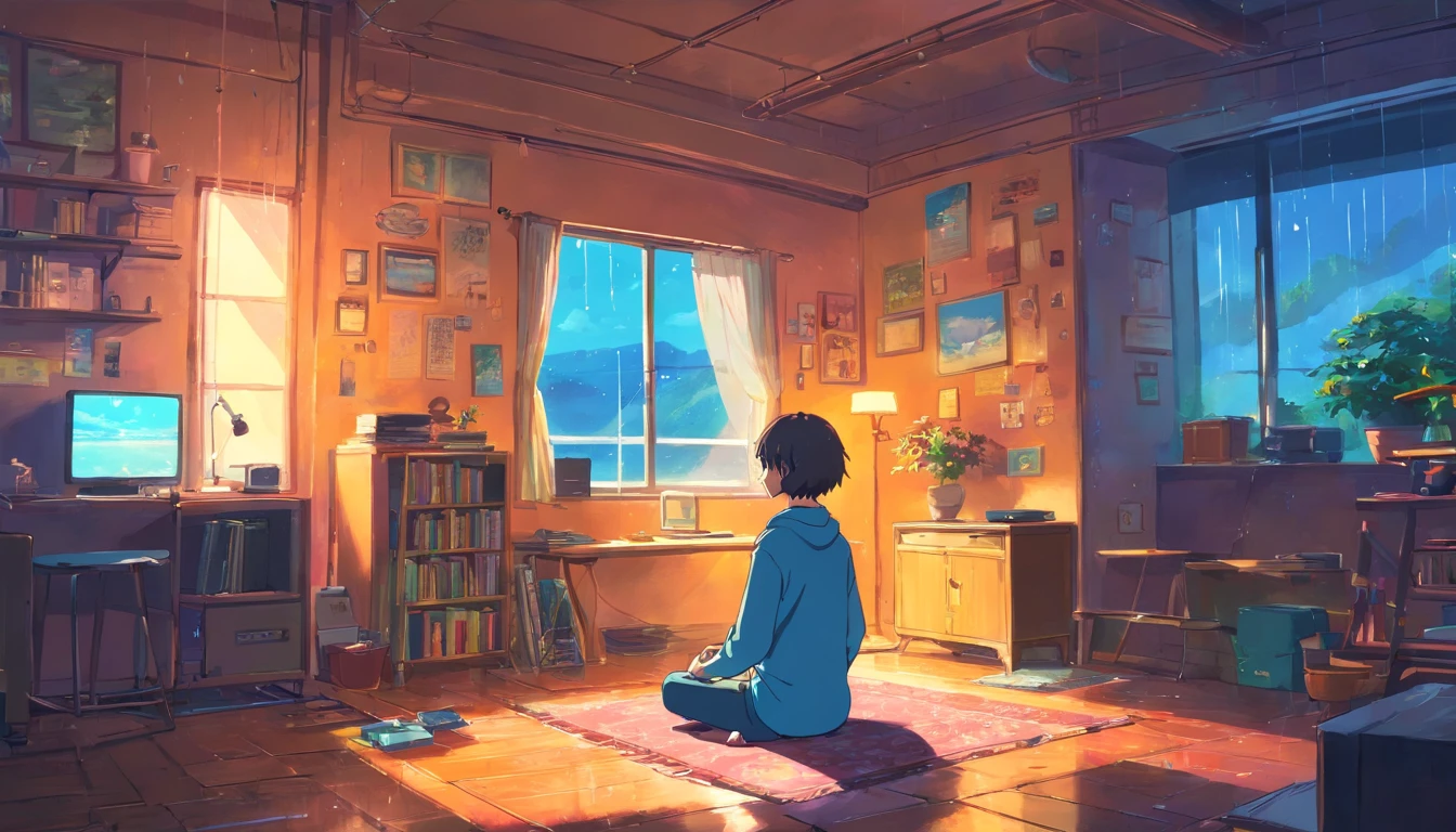 European hippie man meditating in room, dream on, Put on your headphones, nightlight,Play guitar, Neon landscape on a rainy day, Simulates a color theme, Lo-fi hip-hop , retrospective, Flat, 2.5 days ,Draw a line, ink and watercolor painting, Large slope, Watercolor painting, Gus color, In Studio Ghibli style, brilliant colorful, Outer tons, Krautrock, lofi art, 70s style,Old textures, amplitude,Psychedelic atmosphere, tmasterpiece, Technically sophisticated,