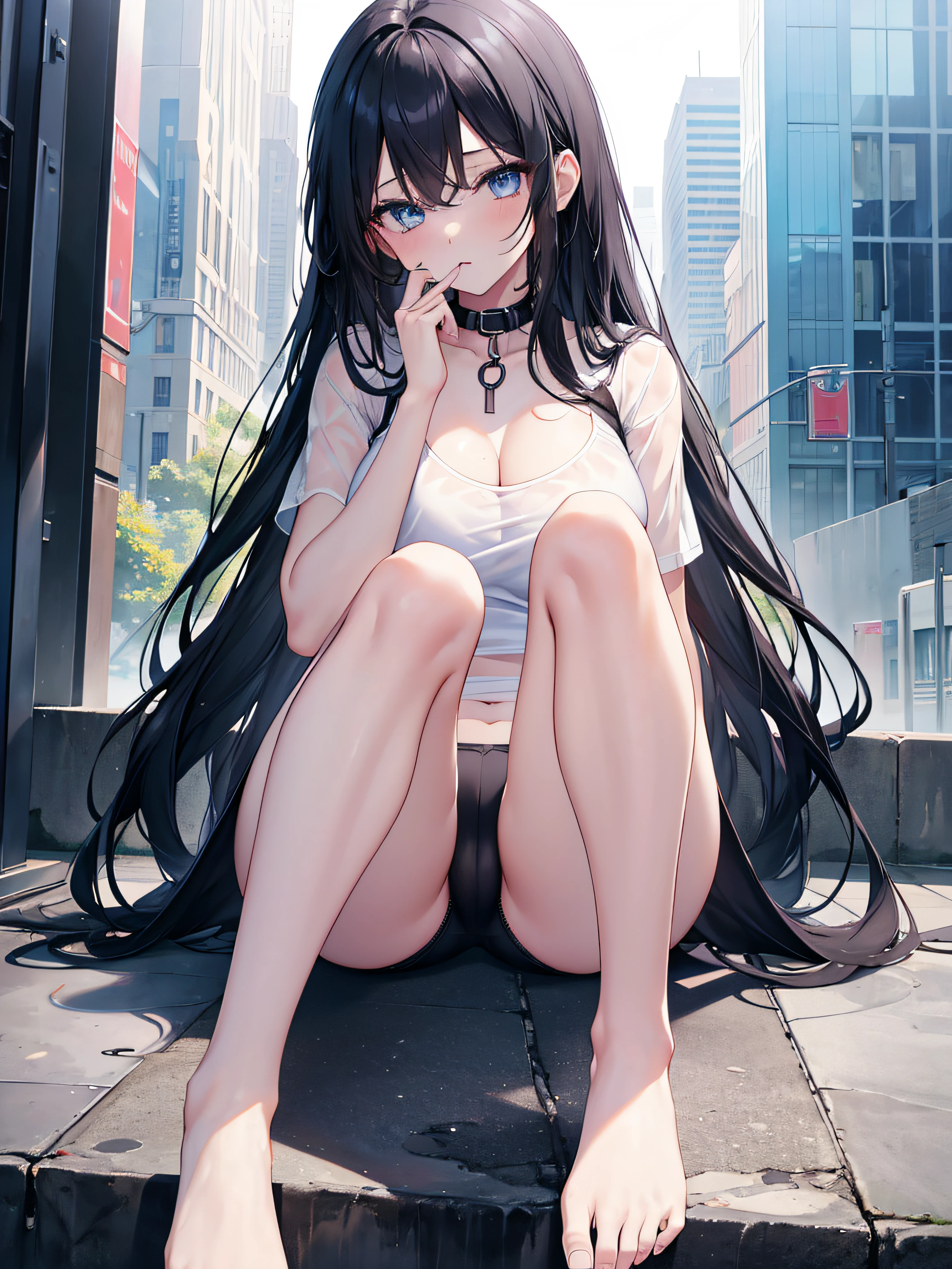 1girl, long black hair, blue eyes, wearing plain white shirt, sports shorts, city, absurdres, high res, ultrasharp, 8K, masterpiece, looking at viewer, see through bra, collar on thigh, collar, cameltoe, spread legs, licking candy, slit, beautiful toes and feet