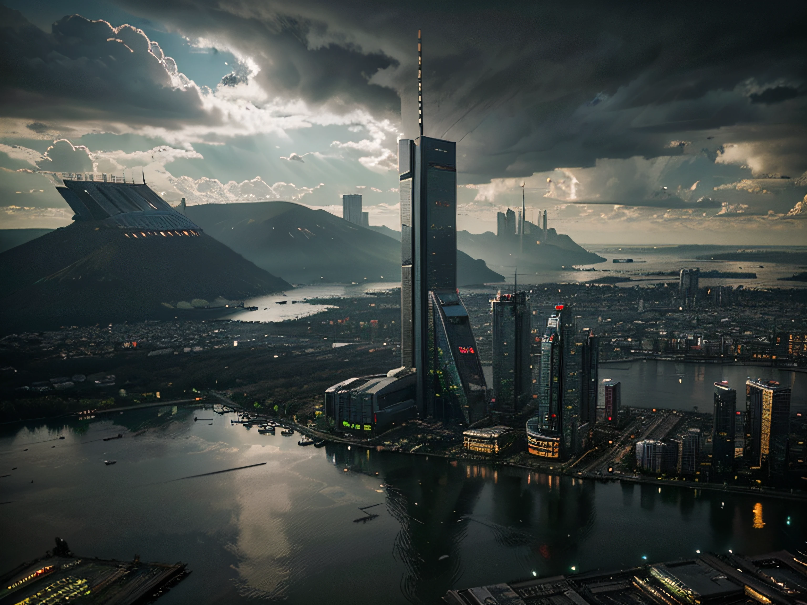 cyberpunk, futuristic, buildings, post apocalyptic, nature, lake, melancholy, grey, clouds,
