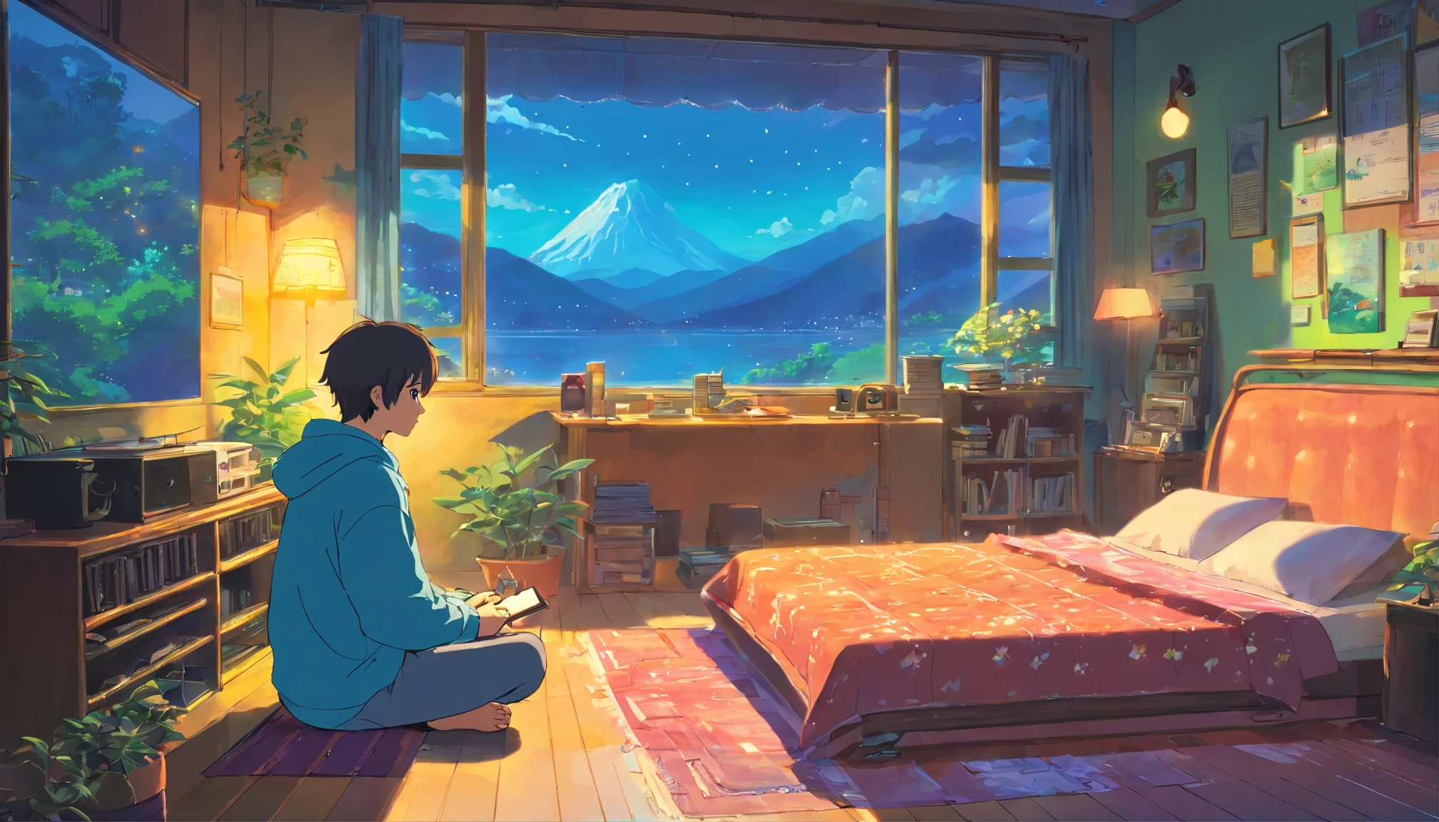 European hippie man meditating in room, dream on, Put on your headphones, nightlight,Play guitar, Neon landscape on a rainy day, Simulates a color theme, Lo-fi hip-hop , retrospective, Flat, 2.5 days ,Draw a line, ink and watercolor painting, Large slope, Watercolor painting, Gus color, In Studio Ghibli style, brilliant colorful, Outer tons, Krautrock, lofi art, 70s style,Old textures, amplitude,Psychedelic atmosphere, tmasterpiece, Technically sophisticated,