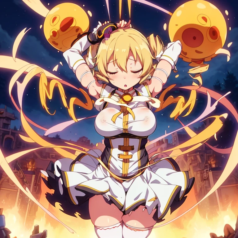 mami tomoe, big breast, blonde hair, drill hair, tentacle leash, skirt lifting, white underwear, choking,strangle, scenery, closed eyes, :o, pain, moaning, wind blow, tentacle around neck, (torn clothes:1.2), scenery