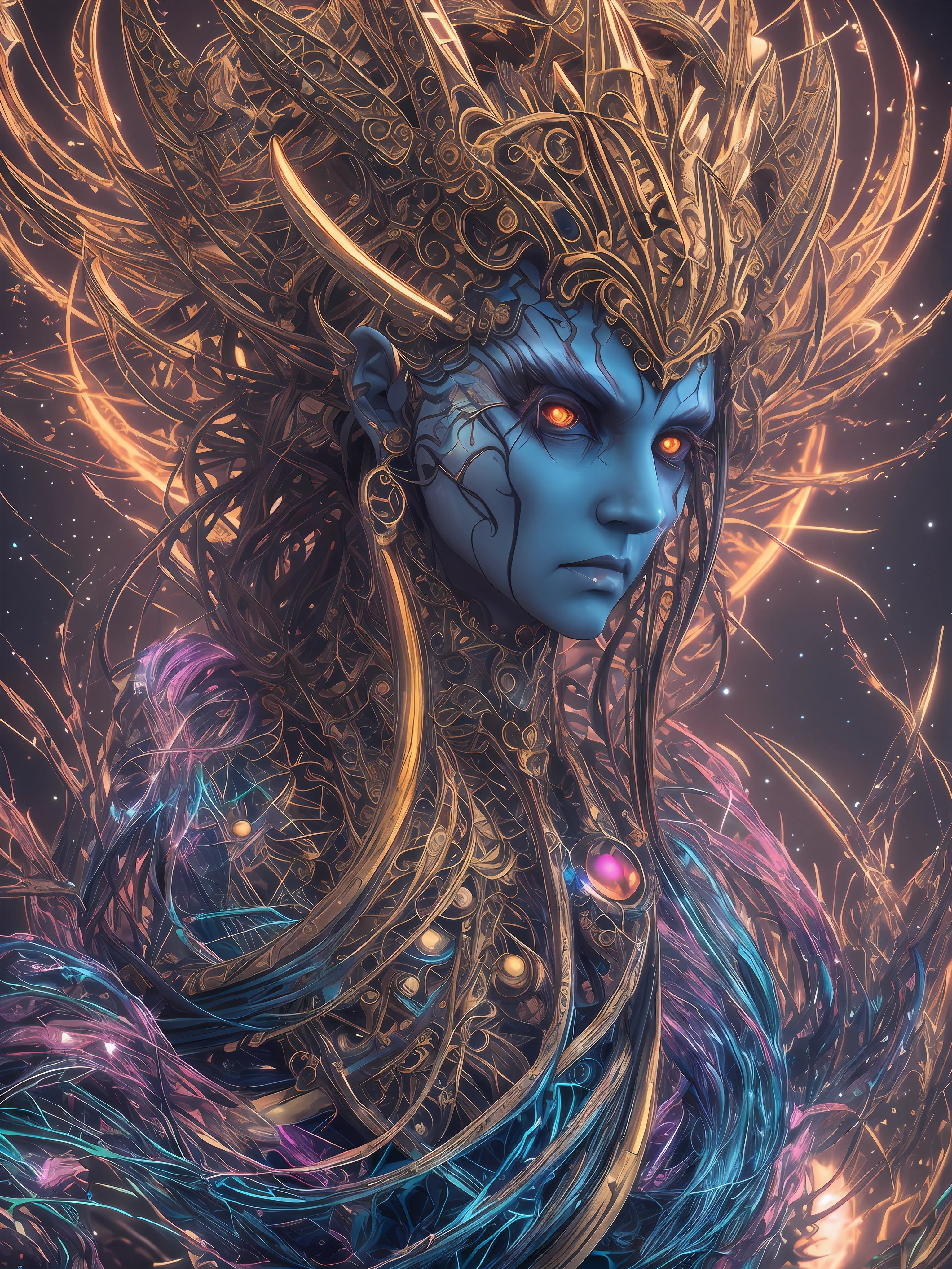 a big bizarre humanoid queen monster withi mystic powers of old spiritual kingdom, full vibrant color cosmic horror psy art, ultra realistic magic realism, 8k 3d, octane render --auto --s2