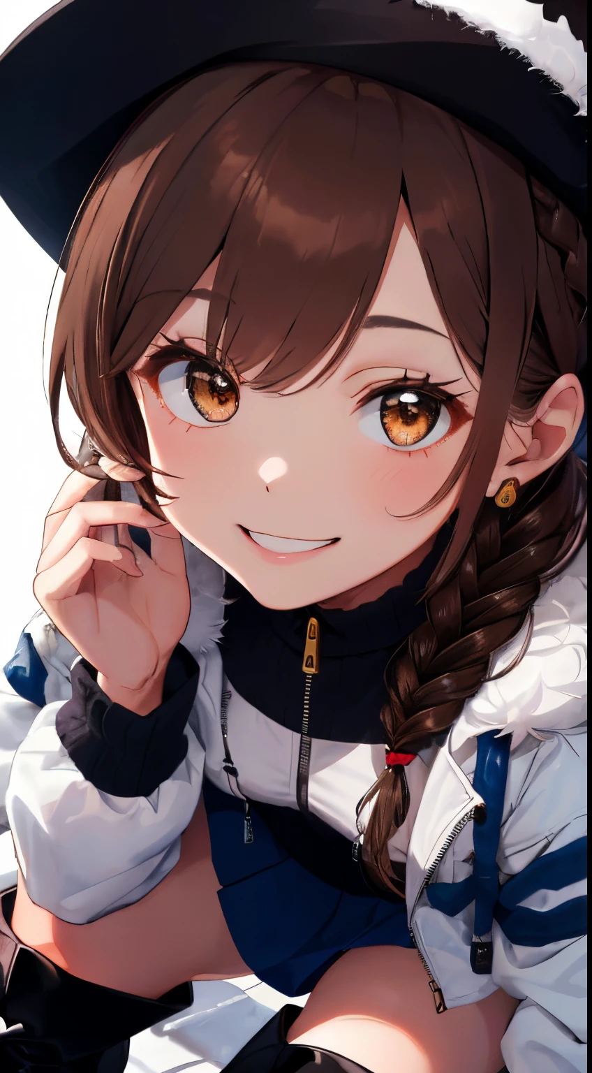 fluffy hair,((brown haired)),(Braided shorthair),Slightly red tide,((Brown eyes)),(white fluffy winter clothes),((black blouson jacket)),(checkered dark blue skirt),((Long knee-length boots)),((Fluffy white hat)),kindly smile,(The heart symbol is flying),Dating atmosphere,((close up of face))