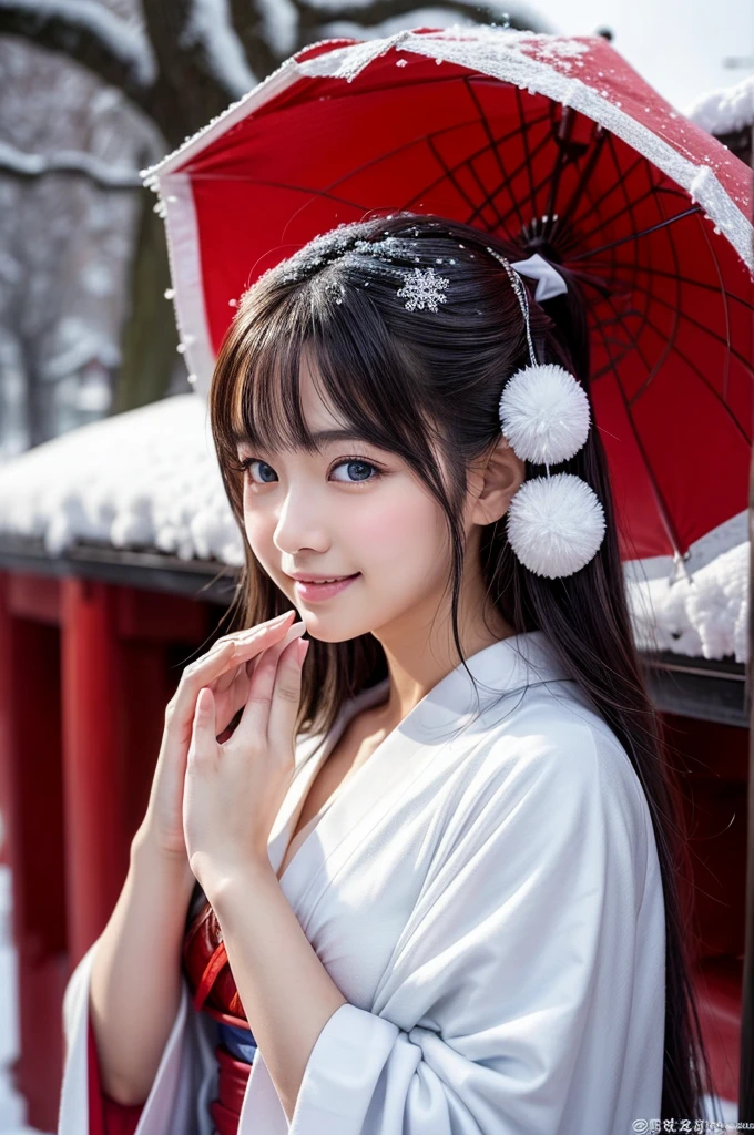 (masutepiece:1.3, Photorealsitic:1.4, 8K), top-quality, masterpiece, 超A high resolution, Perfect dynamic composition, Highly detailed skin and facial texture:1.3, A detailed eye, Detailed limbs, natta, New Year, snowflakes falling:1.2, Precincts of a shrine in snow country:1.2, 1girl in, Cute sexy 22 year old slim woman, Fair skin, ((Natural smile:0.9, Totally captivates you:1.0)), (accurate shrine maiden costume:1.2), ((voluptuous breasts:1.0)) (Facing the front, Praying), (Beautiful blue eyes, Eyes that feel beautiful eros:0.85), Sexy face:0.4, (A mouthfeel that feels beautiful eros:0.85), ((Too cute beauty:0.9))
