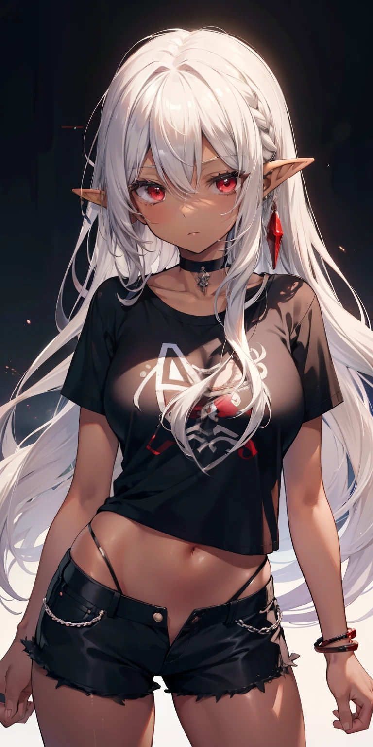 (masutepiece: 1.2, Best Quality), 1 Lady, Solo, silber hair,The long-haired, Red Eyes, Black skin,Brown skin,elvish、a choker,Silver Accessories,tits out,shortpants,Black T-shirt,Navel