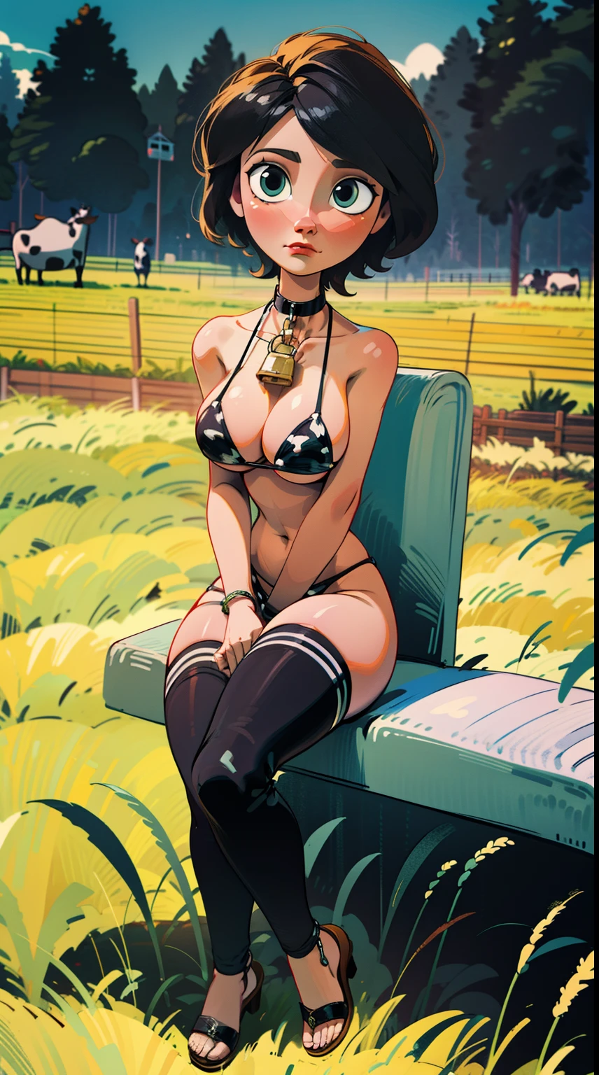 SFW Aunt Cass, sitting straight symmetrical, sitting on grass, full body, solo girl looking to the camera, cow bell choker, metal sandals, black and white bikini (cow pattern), black thigh highs, farm background