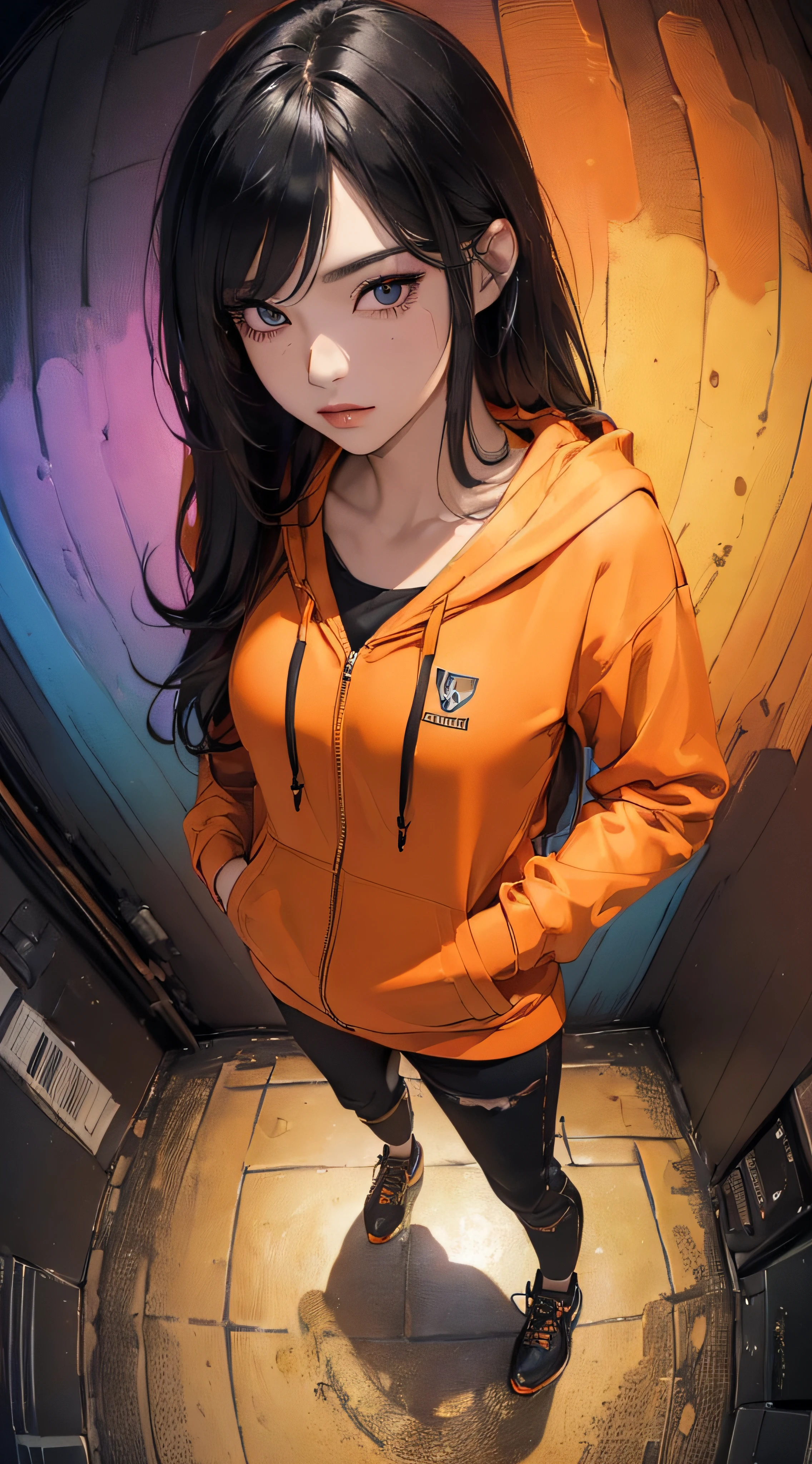 ((8k wallpaper of extremely detailed CG unit:1.2, masterpiece, hight resolution:1.2, top-quality:1.2, masutepiece)), ((a very beautiful woman, Hands in pockets:1.8, Street fashion, Wearing an orange hoodie, Wear black hot pants, Wearing shoes)), ((extra detailed face, Highly detailed black eyes, Contrasting eyes, extra detailed body, Top quality real texture skins:1.2)), (A dark-haired, length hair, de pele branca), ((rainbow paint wall)), (high-angle:1.1, Fisheye:1.3), hyper realisitic, digitial painting,