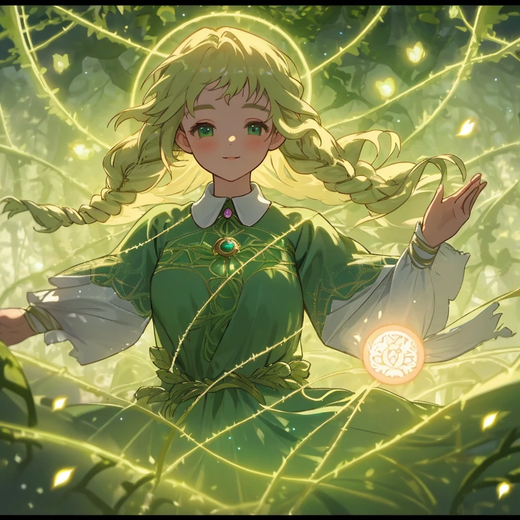 Best Quality, Masterpiece, upper-body, (Adult: 1.6) Ukrainian woman dryad, cos, covered with vines (Smile: 0.4), Braided blonde hair, emerald eyes, Medieval dress, floating particles of light, centered,