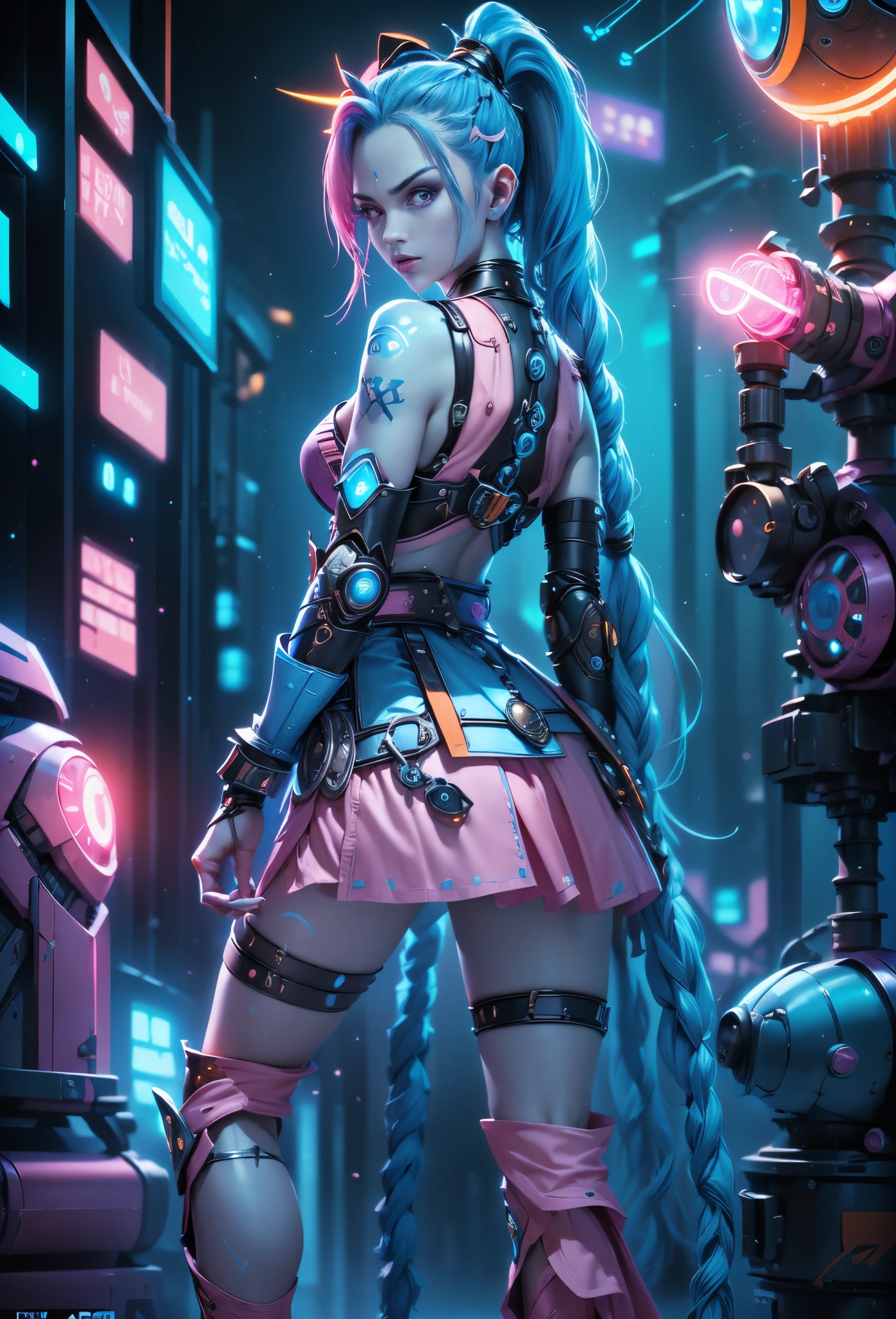 high resolution, best quality, masterpiece, very high image quality, ultra-detailed, hyperrealistic, 3d, anime, illustrations, fantasy, hard rock girl, very beautiful cute, pink wavy hair, side braid, miniskirt, thong panties, knee high socks, engineer boots, background cyber punk city galaxy --auto --s2
