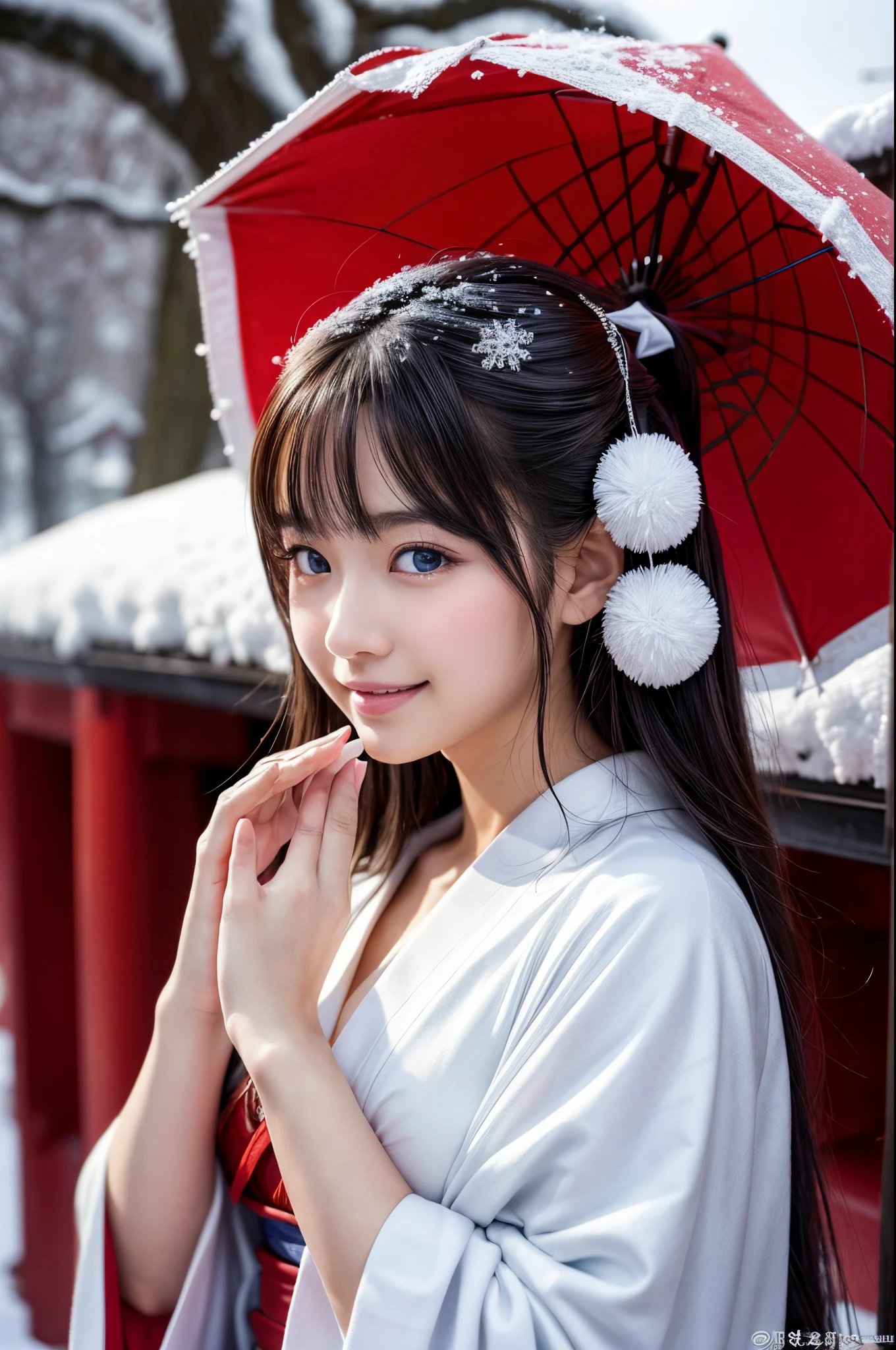 (masutepiece:1.3, Photorealsitic:1.4, 8K), top-quality, masterpiece, 超A high resolution, Perfect dynamic composition, Highly detailed skin and facial texture:1.3, A detailed eye, Detailed limbs, natta, New Year, snowflakes falling:1.2, Precincts of a shrine in snow country:1.2, 1girl in, Cute sexy 22 year old slim woman, Fair skin, ((Natural smile:0.9, Totally captivates you:1.0)), (accurate shrine maiden costume:1.2), ((voluptuous breasts:1.0)) (Facing the front, Praying), (Beautiful blue eyes, Eyes that feel beautiful eros:0.85), Sexy face:0.4, (A mouthfeel that feels beautiful eros:0.85), ((Too cute beauty:0.9))