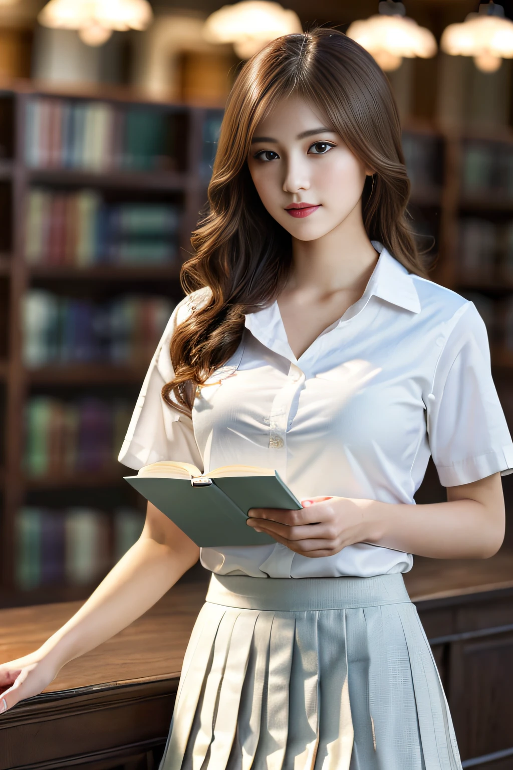 masterpiece, best quality, ultra high res, (photorealistic:1.4), beautiful lighting, RAW photo, 8k uhd, ultra detailed face, realistic lightning, beautiful girl, sweet girl, ((wearing white shirt and  long pleated skirt)), library,  long shot, shy, hiding face behind book,