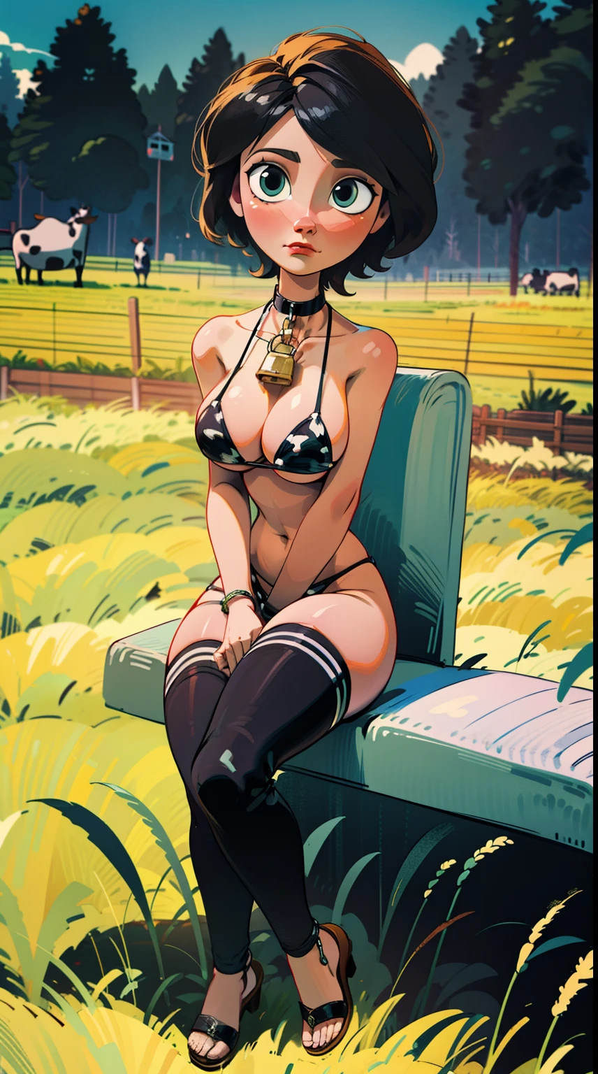 SFW Aunt Cass, sitting straight symmetrical, sitting on grass, full body, solo girl looking to the camera, cow bell choker, metal sandals, black and white bikini (cow pattern), black thigh highs, farm background