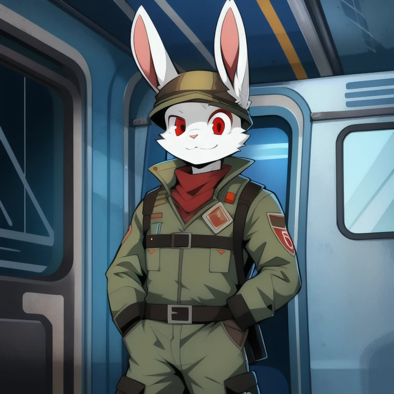 solo, male, rabbit, white colored fur, lean body, Anthropomorphic rabbit, red eyes, Metro 2033, metro 2033 Ranger outfit