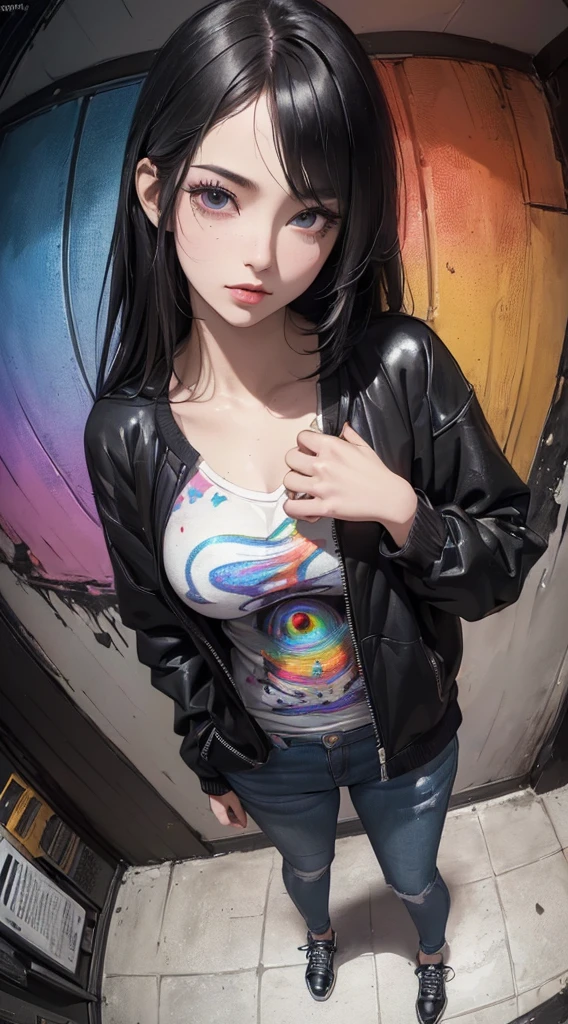 ((8k wallpaper of extremely detailed CG unit:1.2, masterpiece, hight resolution:1.2, top-quality:1.2, masutepiece)), ((a very beautiful woman, Hands in pockets:1.8, Street fashion, Wearing a blouson, wearing skinny jeans, Wearing shoes)), ((extra detailed face, Highly detailed black eyes, Contrasting eyes, extra detailed body, Top quality real texture skins:1.2)), (A dark-haired, length hair, de pele branca), ((rainbow paint wall)), (high-angle:1.1, Fisheye:1.3), hyper realisitic, digitial painting,