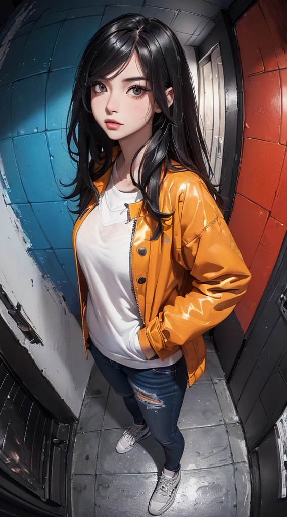 ((8k wallpaper of extremely detailed CG unit:1.2, masterpiece, hight resolution:1.2, top-quality:1.2, masutepiece)), ((a very beautiful woman, Hands in pockets:1.8, Street fashion, Wearing a blouson, wearing skinny jeans, Wearing shoes)), ((extra detailed face, Highly detailed black eyes, Contrasting eyes, extra detailed body, Top quality real texture skins:1.2)), (A dark-haired, length hair, de pele branca), ((rainbow paint wall)), (high-angle:1.1, Fisheye:1.3), hyper realisitic, digitial painting,