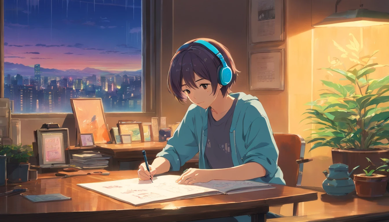 (Best quality at best,4K,8K,A high resolution,tmasterpiece:1.2),ultra - detailed,(actual,realisticlying,Photorealistic:1.37),A man studying in his room,read a book,with headphones on,a night light,Neon light landscape on rainy day,Simulate color themes,Lo-fi hip-hop,Vintage,Flat,2.5 days,Draw a line,ink and watercolor painting,Large gradients,Watercolor painting,Antique colors,In Studio Ghibli style,Vibrant and colorful,Outdoor activities,synthetic wave,lo-fi art,90s style,Old textures,amplitude,90s atmosphere,On a table,incredible technology,16:9 scale