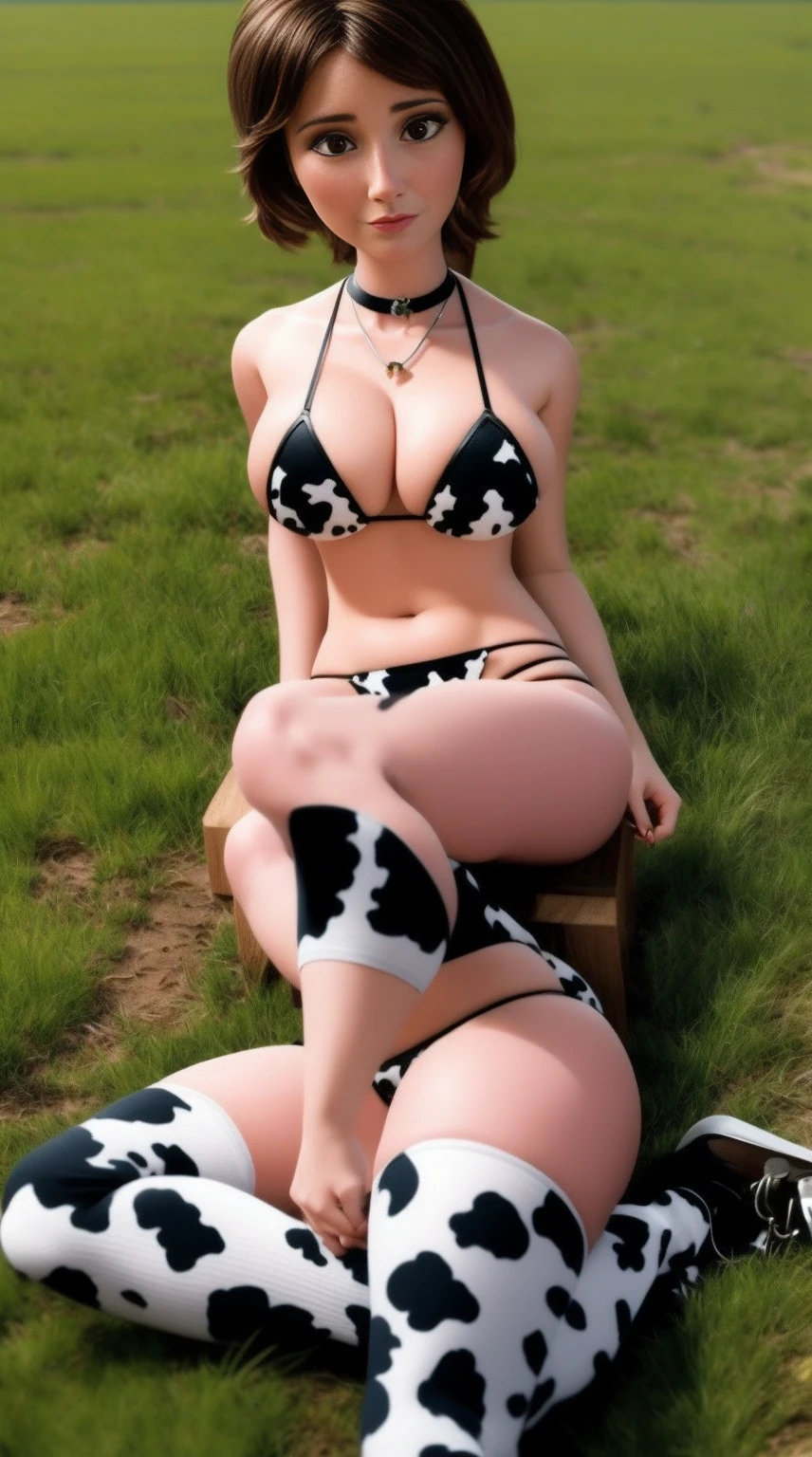 SFW Aunt Cass, sitting straight symmetrical, sitting on grass, full body, solo girl looking to the camera, cow bell choker, metal sandals, black and white bikini (cow pattern), black thigh highs, farm background