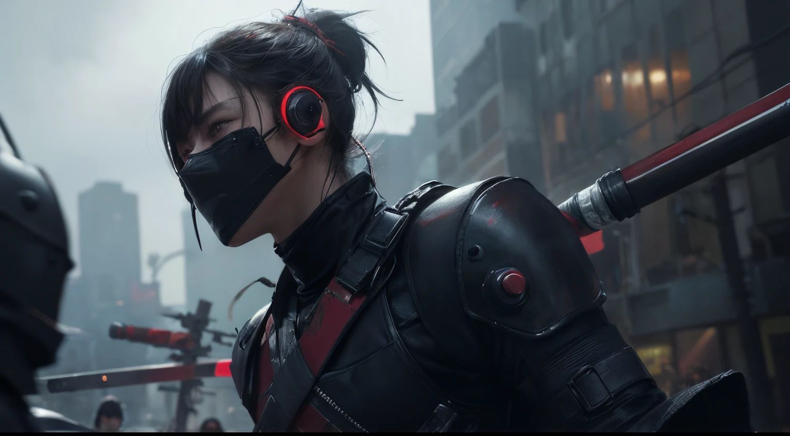 masterpiece,4k,hdr, wallpaper,dark ninja robot, cyberpunk,samurai sword,horror,mask