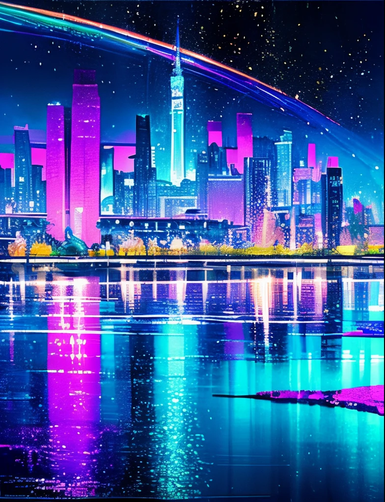 Colorful Metropolitan Museum of Art、River painting with stars and moon in rainbow sky、the met、Shining skyscrapers、Shine across the board、Skyscrapers、Concept art inspired by Mitsuoki Tosa、pixiv contest winners、top-quality、Fantasyart、beautiful anime scene、Bright moon、Moonlit star environment、Dream painting、Anime Background Art、Fantasy landscape art、fantasy knight、anime backgrounds、background artwork、Fantastic art、atmospheric anime、starrysky、Detail has been enhanced。