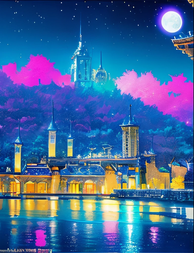 Colorful Metropolitan Museum of Art、River painting with stars and moon in rainbow sky、the met、Shining skyscrapers、Shine across the board、Skyscrapers、Concept art inspired by Mitsuoki Tosa、pixiv contest winners、top-quality、Fantasyart、beautiful anime scene、Bright moon、Moonlit star environment、Dream painting、Anime Background Art、Fantasy landscape art、fantasy knight、anime backgrounds、background artwork、Fantastic art、atmospheric anime、starrysky、Detail has been enhanced。