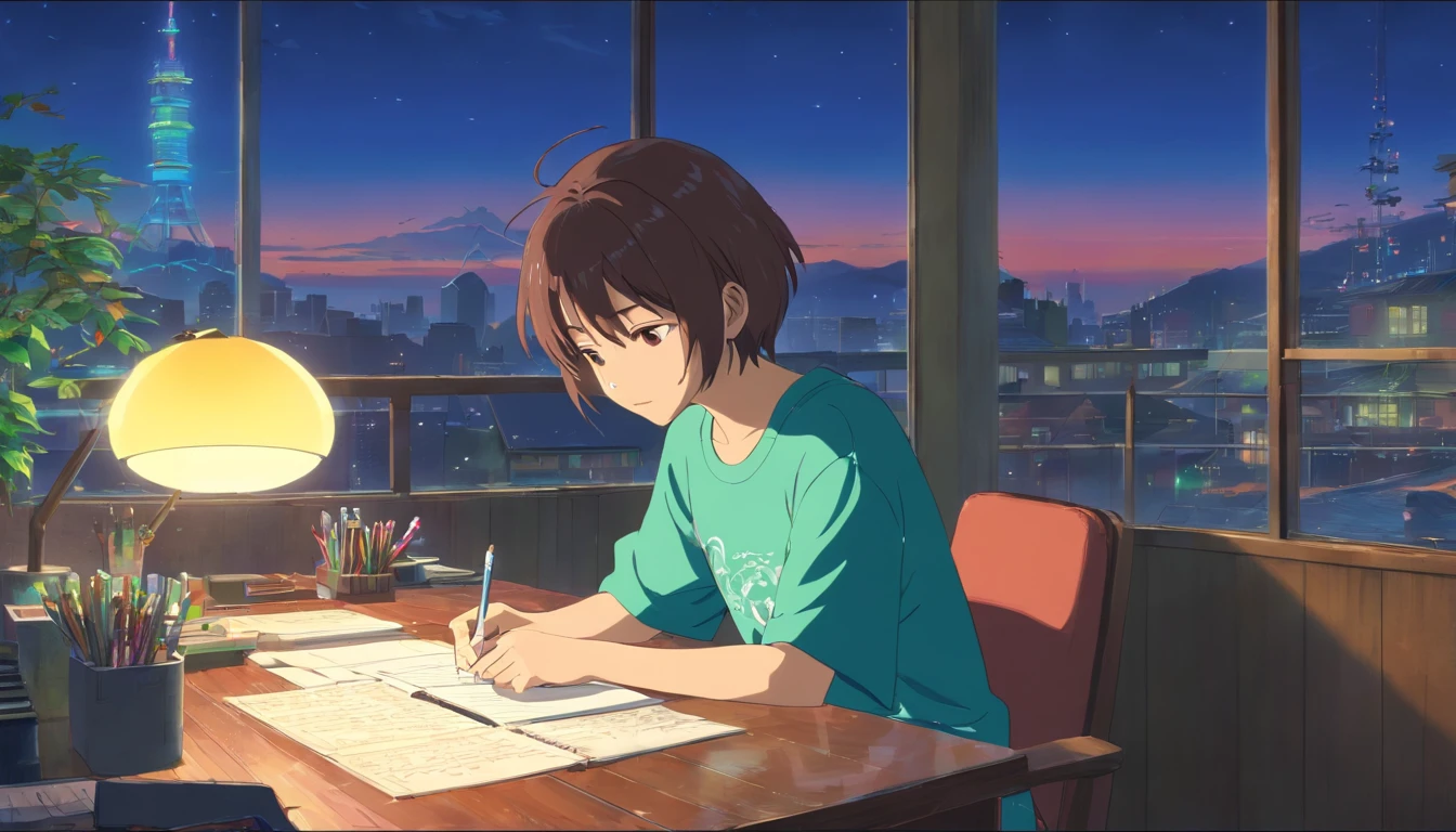 (Best quality at best,4K,8K,A high resolution,tmasterpiece:1.2),ultra - detailed,(actual,realisticlying,Photorealistic:1.37),short hair man studying in his room,read a book,with headphones on,a night light,Neon light landscape on rainy day,Simulate color themes,Lo-fi hip-hop,Vintage,Flat,2.5 days,Draw a line,ink and watercolor painting,Large gradients,Watercolor painting,Antique colors,In Studio Ghibli style,Vibrant and colorful,Outdoor activities,synthetic wave,lo-fi art,90s style,Old textures,amplitude,90s atmosphere,On a table,incredible technology,16:9 scale