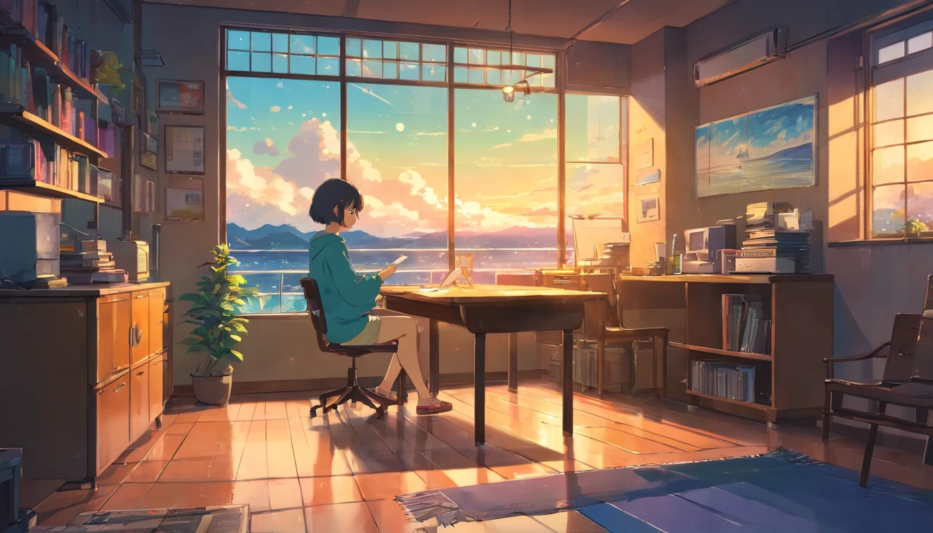 (Best quality at best,4K,8K,A high resolution,tmasterpiece:1.2),ultra - detailed,(actual,realisticlying,Photorealistic:1.37),short hair man studying in his room,read a book,with headphones on,a night light,Neon light landscape on rainy day,Simulate color themes,Lo-fi hip-hop,Vintage,Flat,2.5 days,Draw a line,ink and watercolor painting,Large gradients,Watercolor painting,Antique colors,In Studio Ghibli style,Vibrant and colorful,Outdoor activities,synthetic wave,lo-fi art,90s style,Old textures,amplitude,90s atmosphere,On a table,incredible technology,16:9 scale