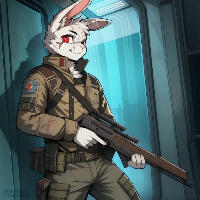 solo, male, rabbit, white colored fur, lean body, Anthropomorphic rabbit, red eyes, Metro 2033, metro 2033 Ranger outfit, scar on right cheek, Automatic Kalashnikov 47