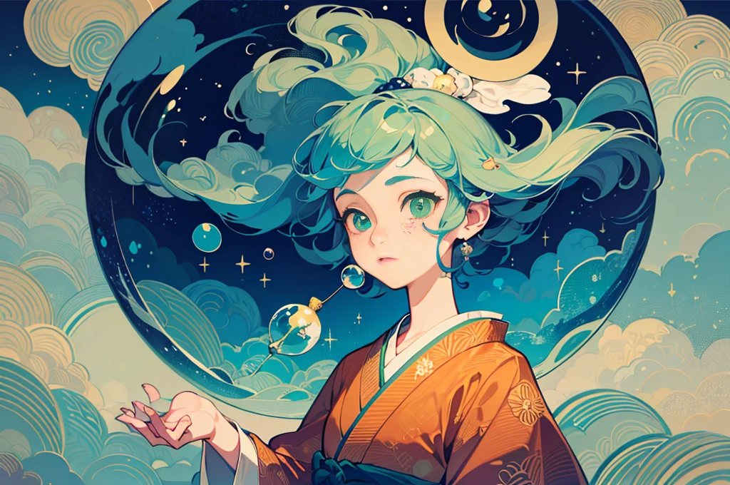 ((Masterpiece)), ((Ultra-detailed)), ((Best Quality)), beautiful detail eyes, Detailed Face, better lighting, best shadows, 1girl, 独奏, ((classic disney style, rim lighting, Flat 2D style, Disney 2d)), ((The predominant color is orange and green)), Huge bubbles, (Girl inside a bubble:1.5), Bubble Island, Bubble land, peace, made from soap bubbles, freckles, cold nose, (((bubbles))), glass balls, Japanese Inspired, (Highly detailed), Swirl effect,