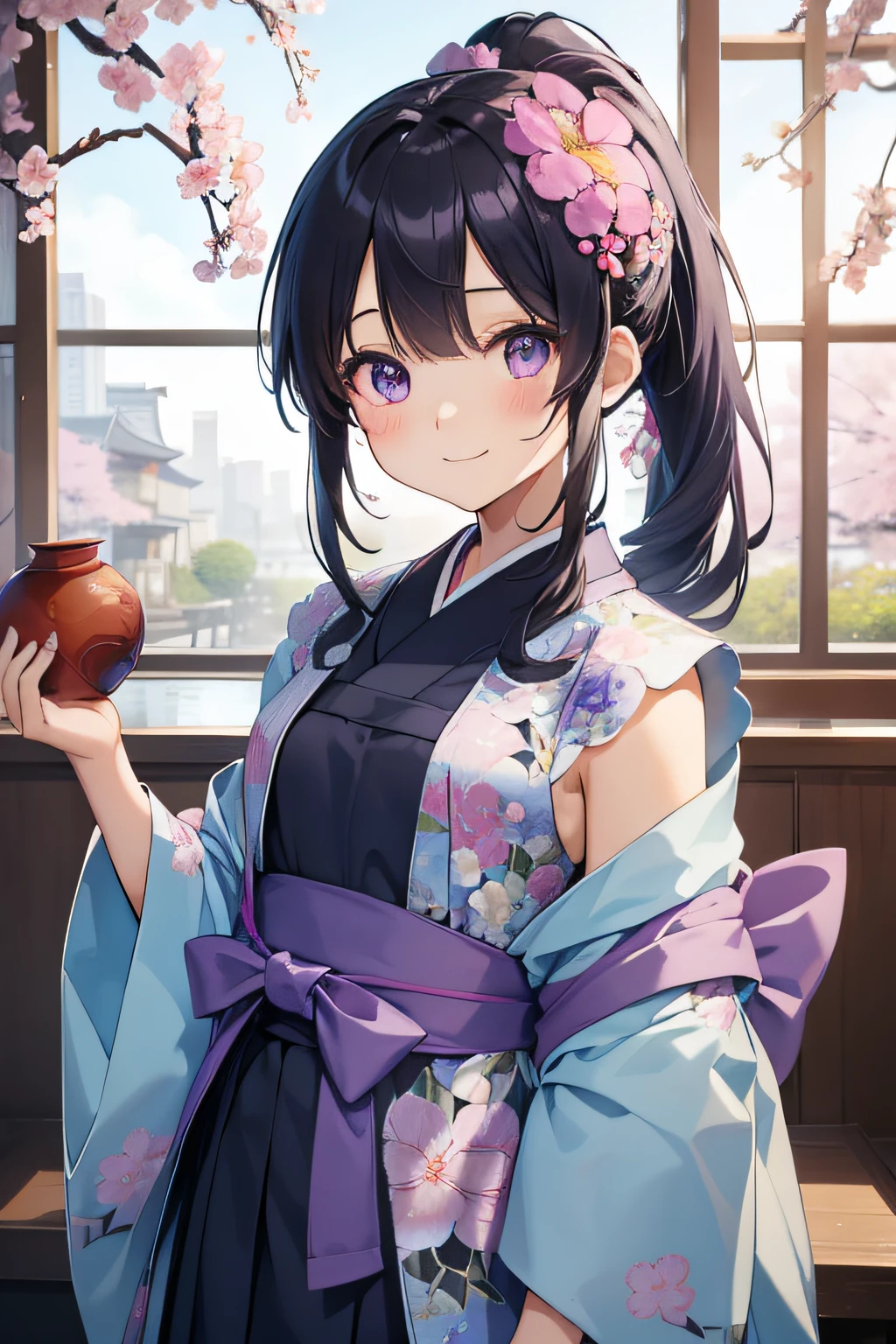 top-quality、extremely delicate and beautiful、Soio、Soio、8-year-old little girl、japanes、Lori、Chiquita、elementary student、Purple eyes、Black Hair Ponytail、((Light blue kendo suit))、((light blue floral haori))head money plate、A smile、is standing、Facing the front、background is cherryblossoms