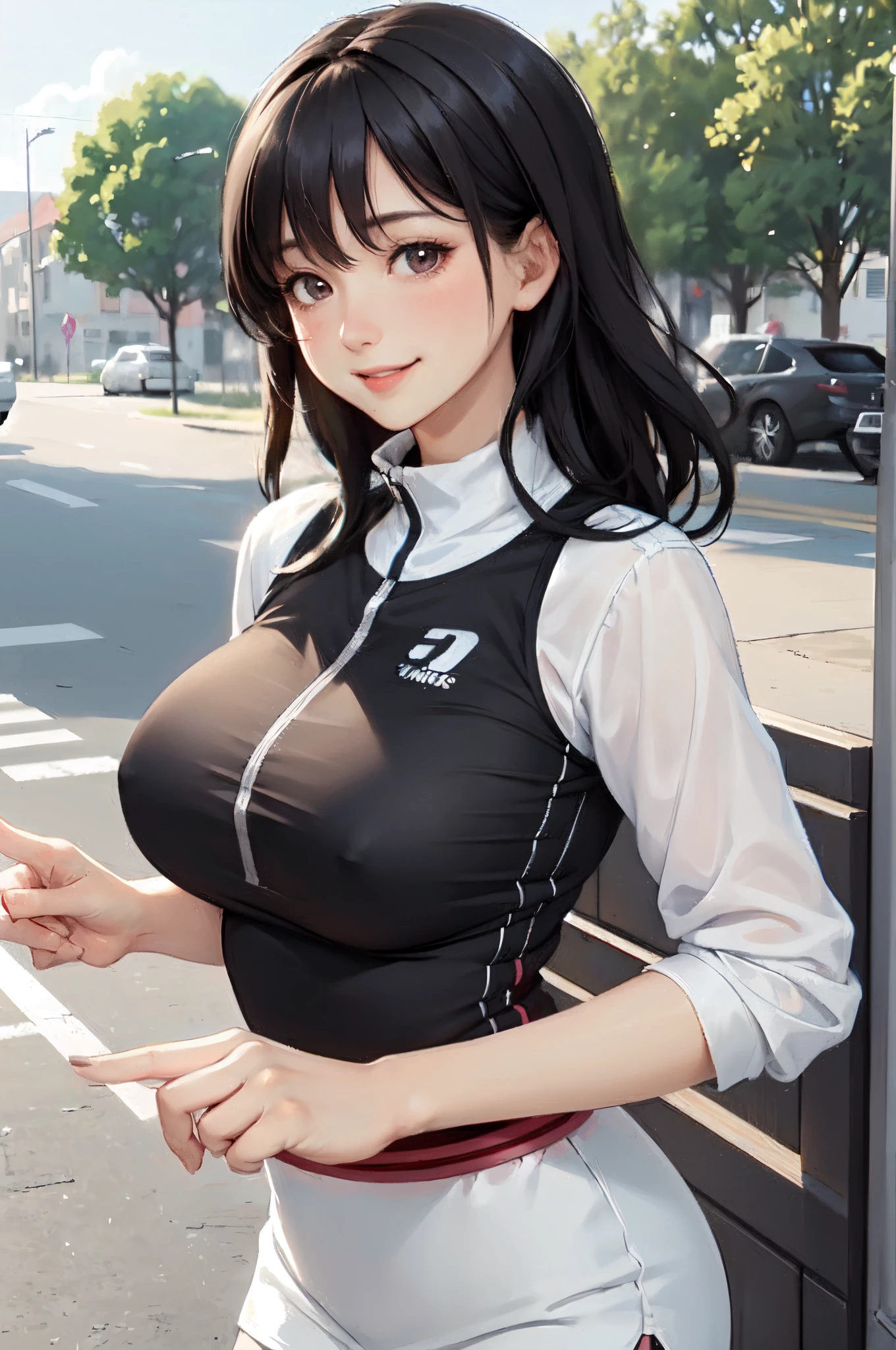 /(park outdoors/), 1lady solo, /(running jersey/), mature female, /(black hair/) bangs, blush kind smile, (masterpiece best quality:1.2) delicate illustration ultra-detailed, large breast