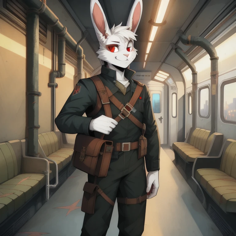 solo, male, rabbit, white colored fur, lean body, Anthropomorphic rabbit, red eyes, Metro 2033, metro 2033 Ranger outfit, scar on right cheek, Automatic Kalashnikov 47, pipe bombs inside satchel