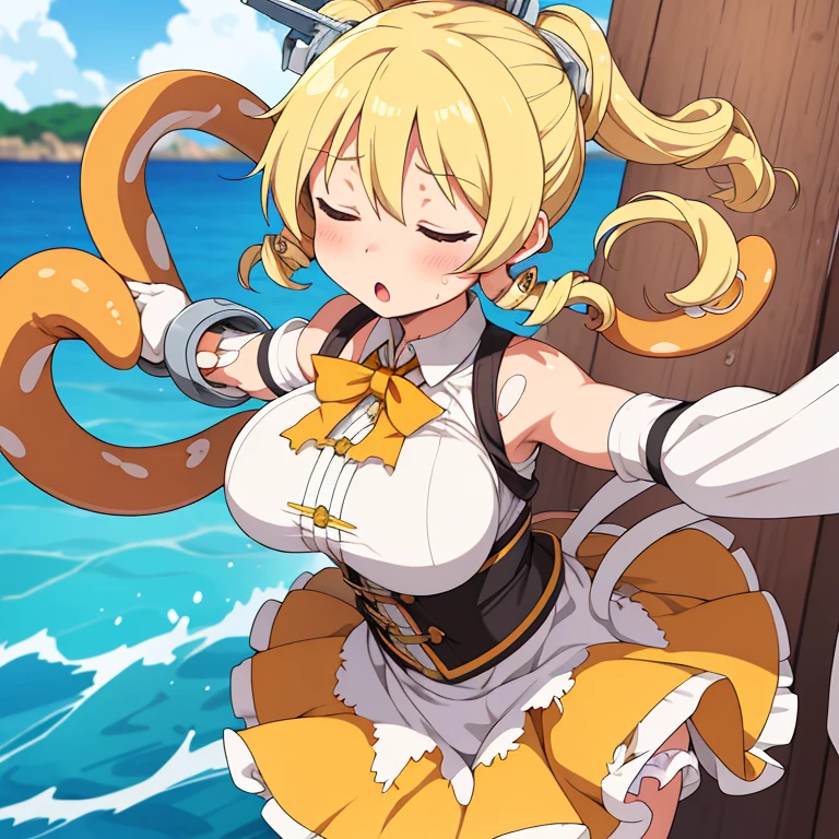 mami tomoe, big breast, blonde hair, drill hair, tentacle leash, skirt lifting, white underwear, choking,strangle, scenery, closed eyes, :o, pain, moaning, wind blow, tentacle around neck, (torn clothes:1.2), scenery