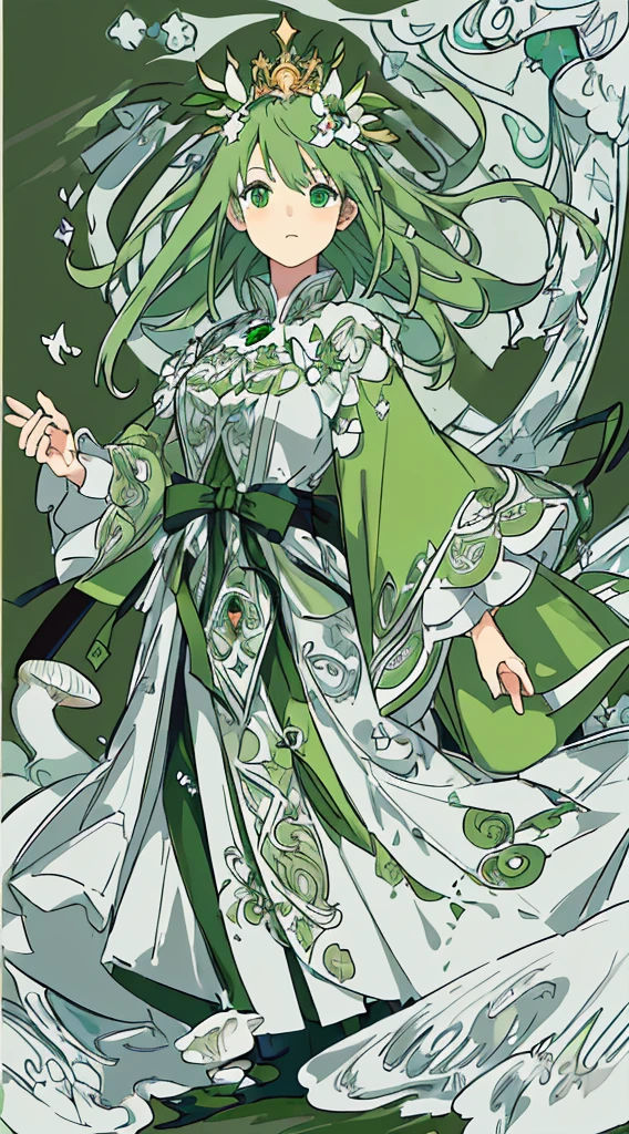 (((Masterpiece))),(((beste-Qualit))),((Ultra-detailed)),(illustartion),((anextremelydelicateandbeautiful)),dinamic angle,Floating,(beautifuldetailedeyes),(DetailedLight) (1girl), 独奏, Floating_Hair,gloweyes,green hair,green eyed, mushroom on the head, Mushrooms, Halterdress, from a horse, green background,