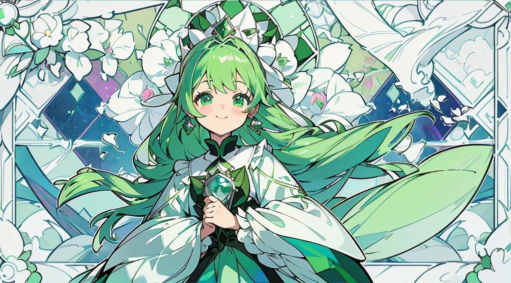 (The skin is not affected, Long sleeve blouse with ruffles), (独奏), very cute female  (1), Colorful stained glass background, Classic, Lots of colorful roses,rose vine, ((Super long emerald green hair, Earring color)), (Super Smile), Dynamism, (Her eyes are emerald green), (Kirakira) (Node objects)Close-up angle of face