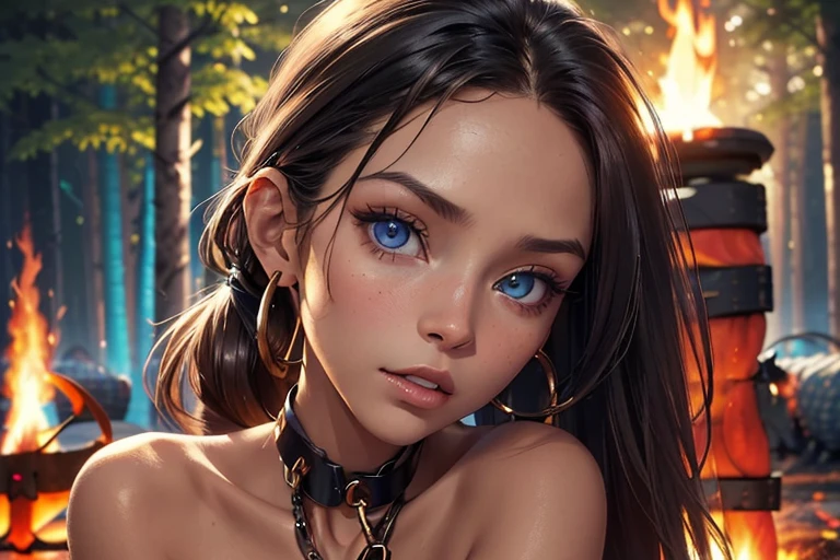 1girl,a beautiful fashion model ,(masterpiece, official art, best quality) (blue eyes) ,long and shiny hair, black hair, long ponytail, hair strand between eyes, full lips, upturned nose ((((tan skin, bronze skin, 1.3)))), big boobs, stripping, elegant makeup, exhibitionism, naked in public, akali, slim thighs, toned body, shiny skin, sexy pose, blue eyes,(( (slender, skinny, slim))), gold hoop earrings, pink eyeshadow, cute face, grope, (((((girl chained to post in front of campfire, helpless, girl is surrounded by monsters))))