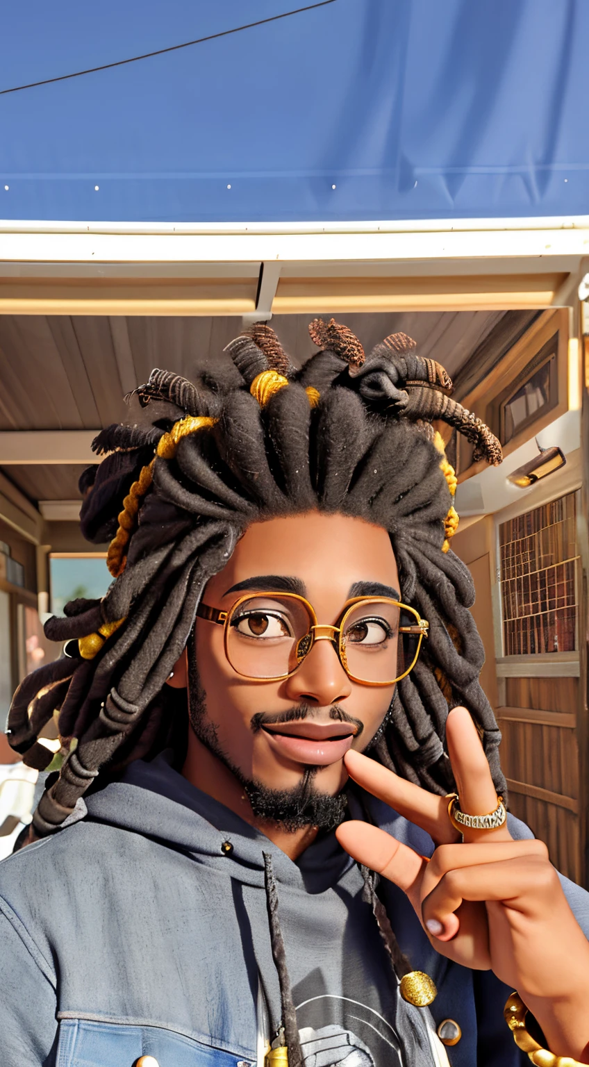 there is a man with dreads and glasses making a peace sign, black man with afro hair, a black man with long curly hair, east african man with curly hair, afro tech, afro hair, dreadlock black hair, dreads, with afro, curly afro, curls on top of his head, afro, lots of dreadlocks on the head, big afro