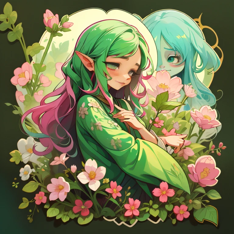 sticky,1girl, Fundo Brno, portraite of a, Girl with long hair, beautiful flower girl, Floral aesthetics, handsome girl, very beautiful fantasy art, beautiful and elegant fairy woman, Beautiful detailed fantasy, green and pink color scheme, Green color theme