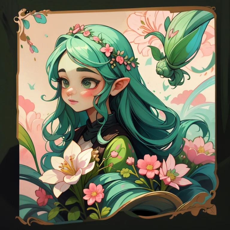 sticky,1girl, Fundo Brno, portraite of a, Girl with long hair, beautiful flower girl, Floral aesthetics, handsome girl, very beautiful fantasy art, beautiful and elegant fairy woman, Beautiful detailed fantasy, green and pink color scheme, Green color theme